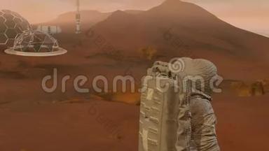 火星上的殖民地。 两名宇航员在火星表面行走。 探索火星任务。 未来殖民和空间探索